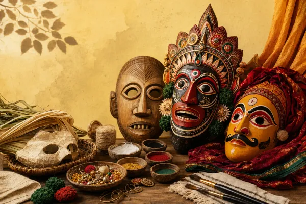 Indian mask-making materials with a carved mask form, bright pigments, brushes, cloth, beads, and craft tools.