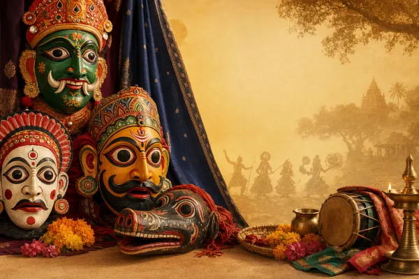 Indian ritual mask performance scene with painted masks, drums, lamps, flowers, and a festive sacred setting.