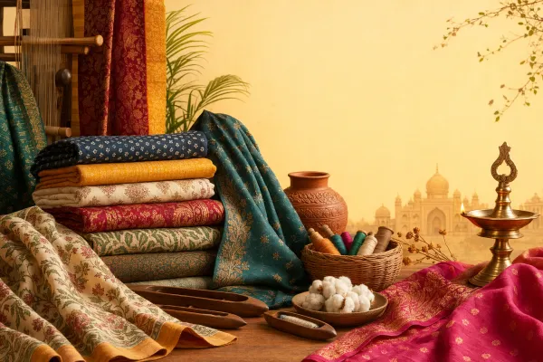 Illustration of Indian textiles with colourful fabrics, loom, cotton, thread, and handcraft tools.