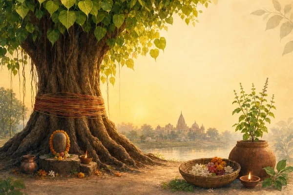 Peepal and banyan-style sacred tree in an Indian temple courtyard with ritual threads, diyas, flowers and tulsi, shown as symbolic editorial artwork.