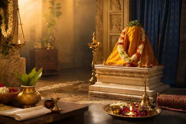 A consecrated altar after worship with a murti, fresh flowers, diya, bell, and calm devotional light.