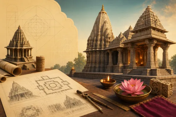 Illustration of an Indian temple architecture study scene with a stone temple, mandapa columns, shrine glow, lotus, diya and blank plan drawings.