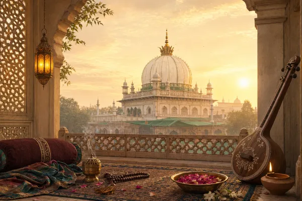 Symbolic Indian Sufi shrine scene with a dargah dome, lamp, flowers, prayer beads and devotional music motifs.