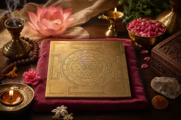 A framed yantra beside a diya, flowers, and Indian sacred-learning objects in a respectful devotional setting.