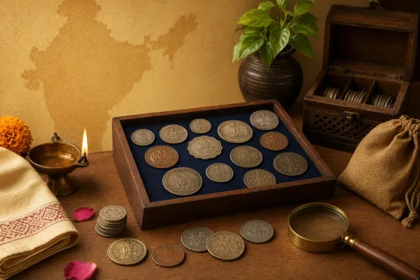 Editorial illustration of old Indian coins with India map, notebook, gloves and safe preservation setup.
