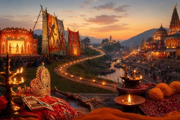 Non-map Ramlila celebration scene with regional festival cues, Ramayana stage, lamps, temple path, and community performance atmosphere.
