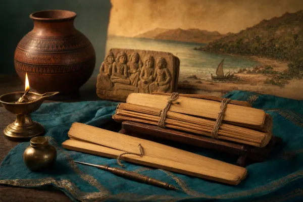 Palm-leaf manuscripts and Tamil literary heritage symbols for a guide to the language of Sangam literature.