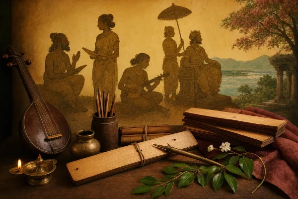 Ancient Tamil poet and patron scene with palm-leaf manuscript, court-like setting, and Sangam literary culture cues.