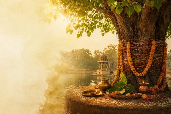 Decorated sacred tree in an Indian worship setting with marigolds, diyas, offerings and water nearby, symbolizing gratitude toward trees.