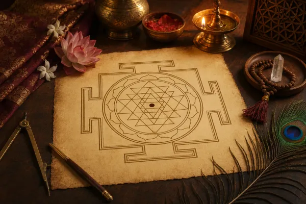 A clear yantra diagram with geometric shapes, diya, and learning objects for a beginner sacred geometry guide.